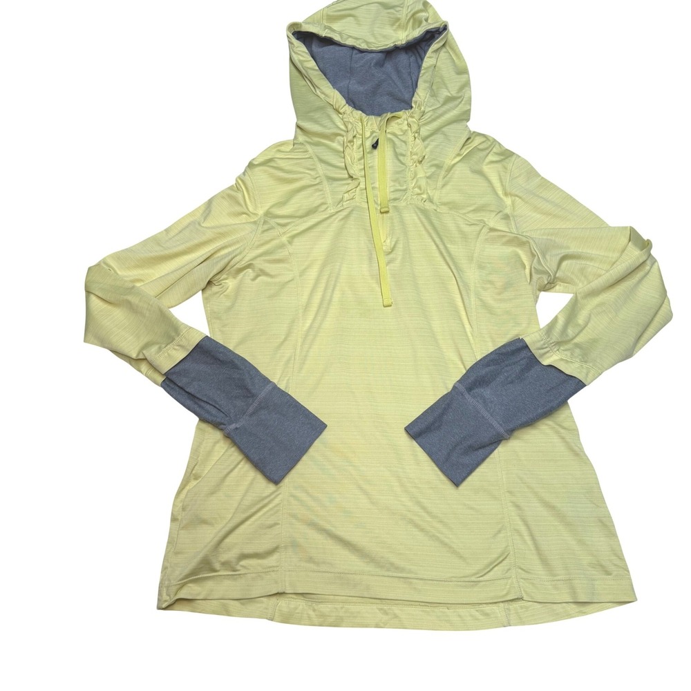 MPG Womens Neon Yellow Striped Quarter Zip Hoodie Ruffle Large Running Hike Gym